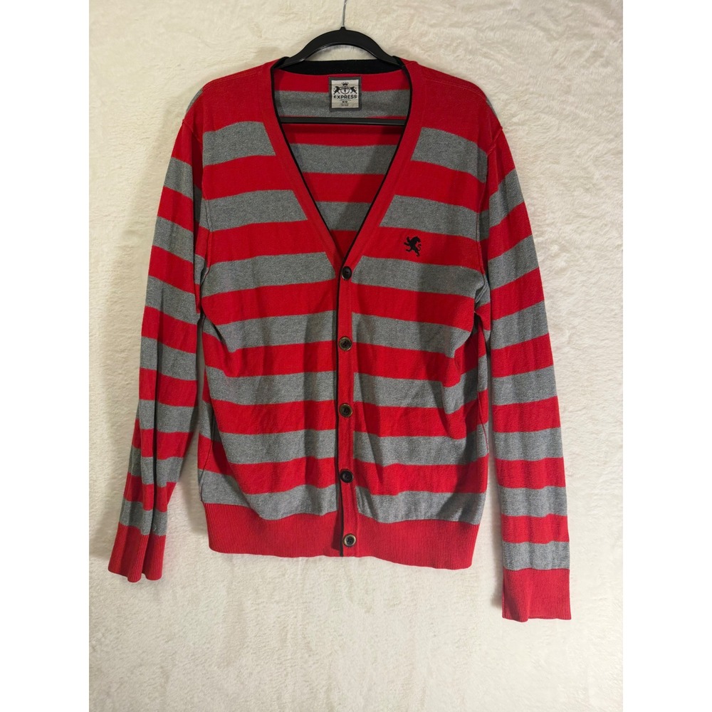 Express Men Cardigan Sweater Medium Red Gray Striped V-Neck Cotton Lion Logo‎ M